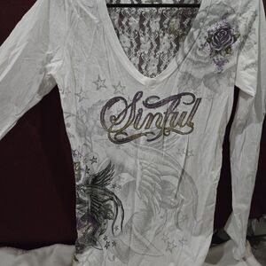 Sinful White Long Sleeve Top with Graphic Design & Sequins - Size M